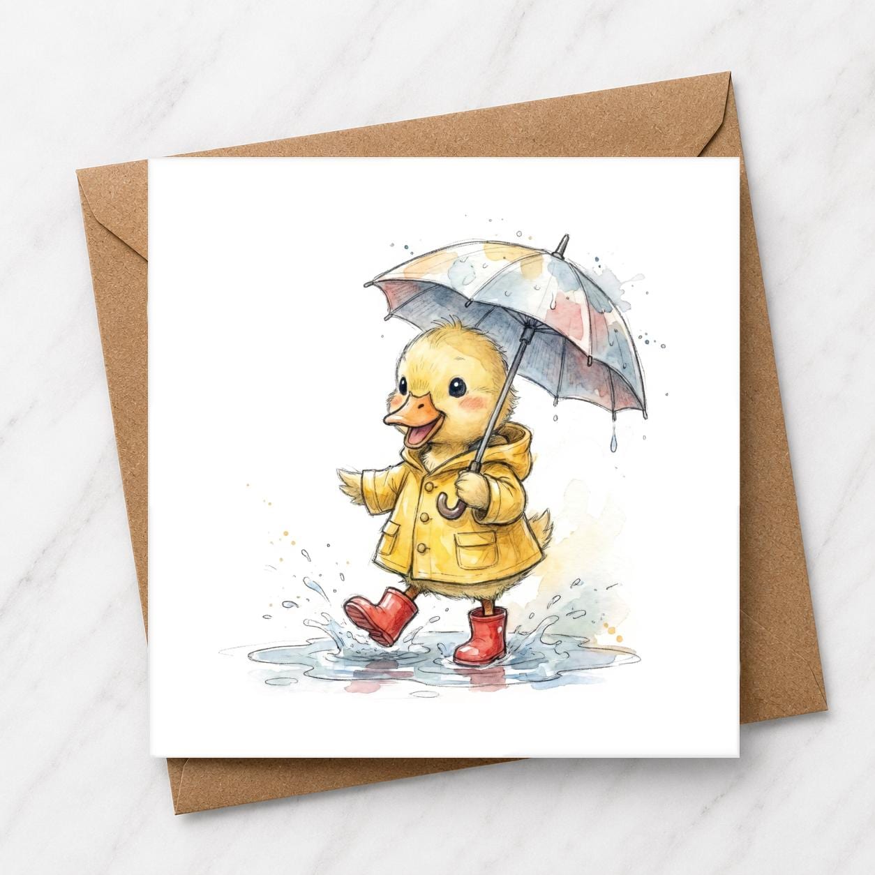 Watercolor Duckling in Yellow Raincoat Card, Rainy Day Animal Illustration