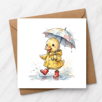 Watercolor Duckling in Yellow Raincoat Card, Rainy Day Animal Illustration