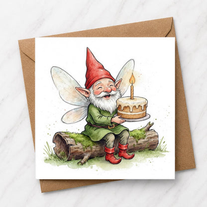 Gnome Fairy Birthday Card, Watercolour Illustration, Woodland Fantasy Cake Lover Gift