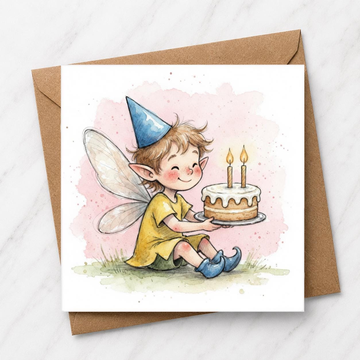 Fairy Birthday Card, Watercolour Illustration, Fantasy Cake Greeting Card