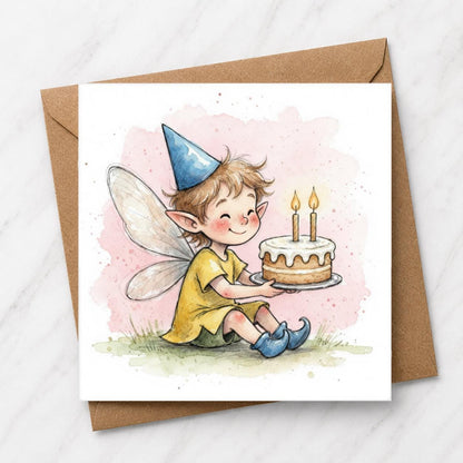 Fairy Birthday Card, Watercolour Illustration, Fantasy Cake Greeting Card