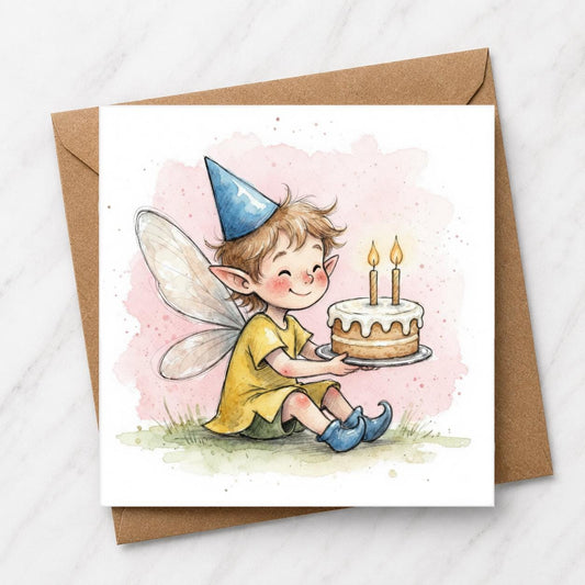 Fairy Birthday Card | Blue Hat Watercolour Illustration