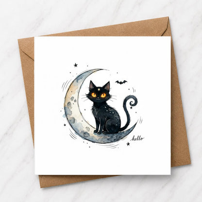 Black Cat Moon Card, Watercolour Illustration, Gothic Celestial Greeting