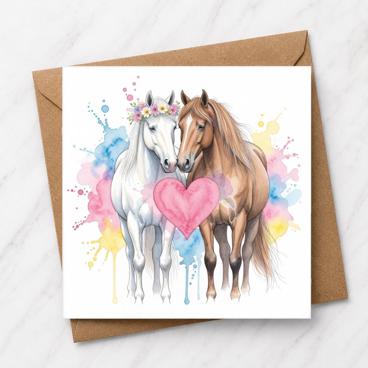 Romantic Watercolour Horses Greeting Card, Horse Lover Equestrian Art