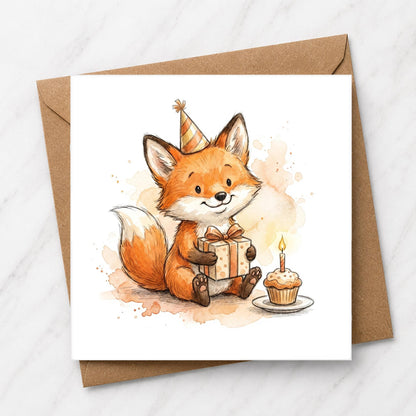 Fox Birthday Card, Woodland Animal Watercolor Illustration, Fox Lover Greeting