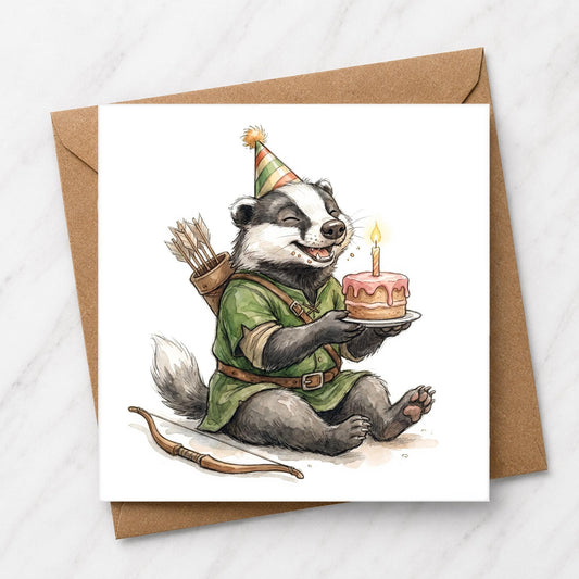 Archer Badger Birthday Card | Woodland Fantasy Watercolour