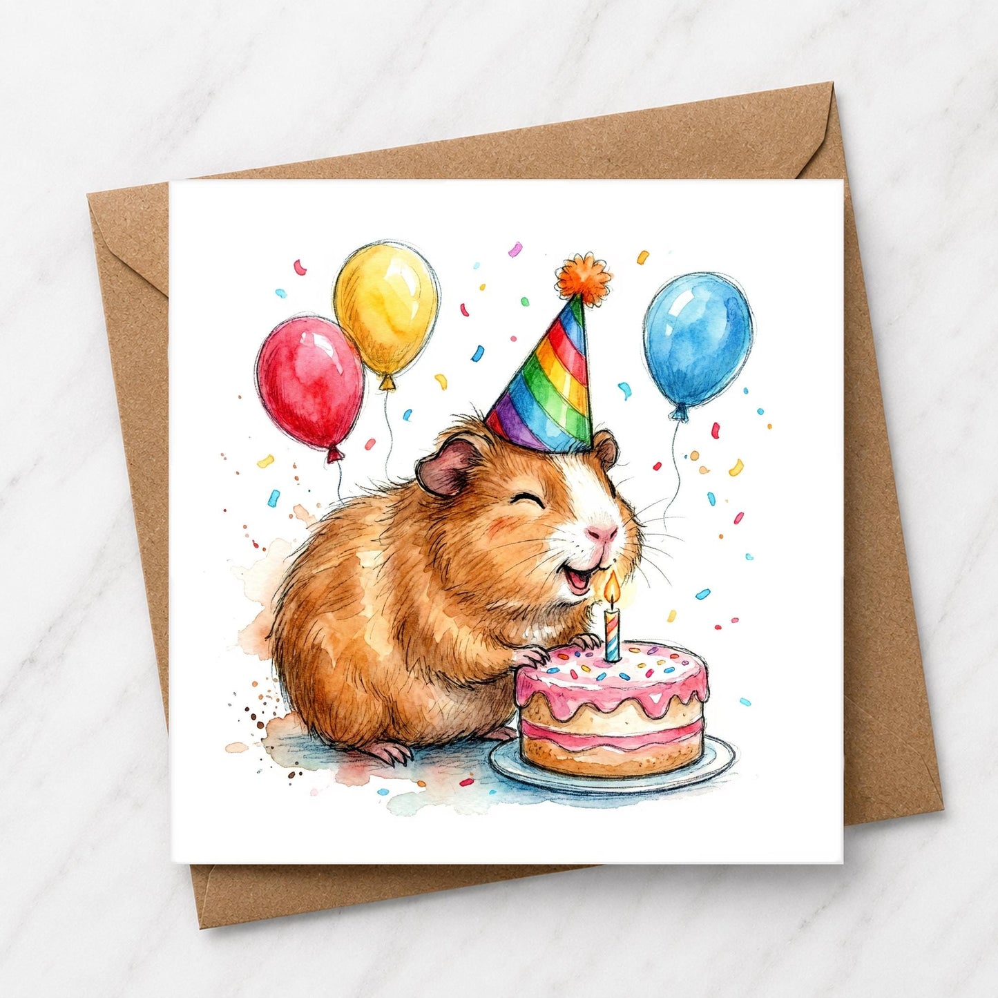 Guinea Pig Birthday Card, Watercolour Animal Cake Illustration, Party Hat Balloons
