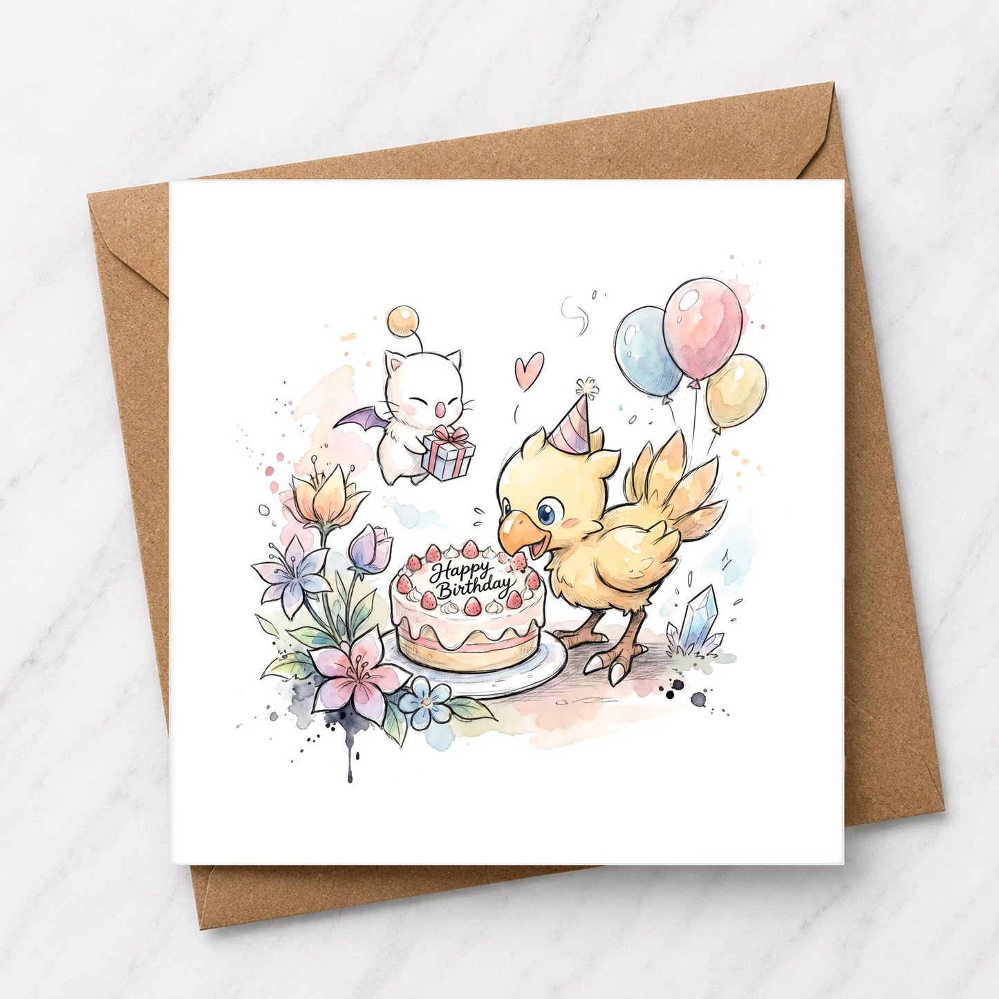 Fantasy Chocobo Birthday Card, Watercolour Gamer Art, Whimsical Greeting (6 x 6 Inch)