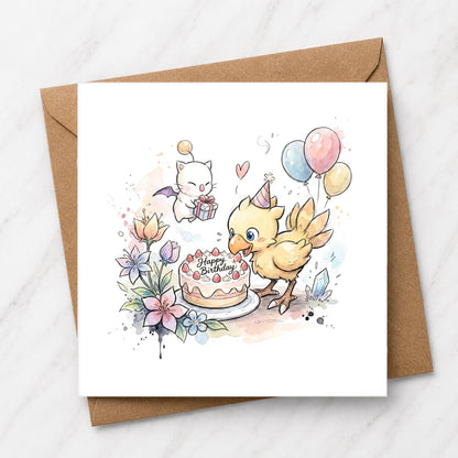 Fantasy Chocobo Birthday Card, Watercolour Gamer Art, Whimsical Greeting (6 x 6 Inch)