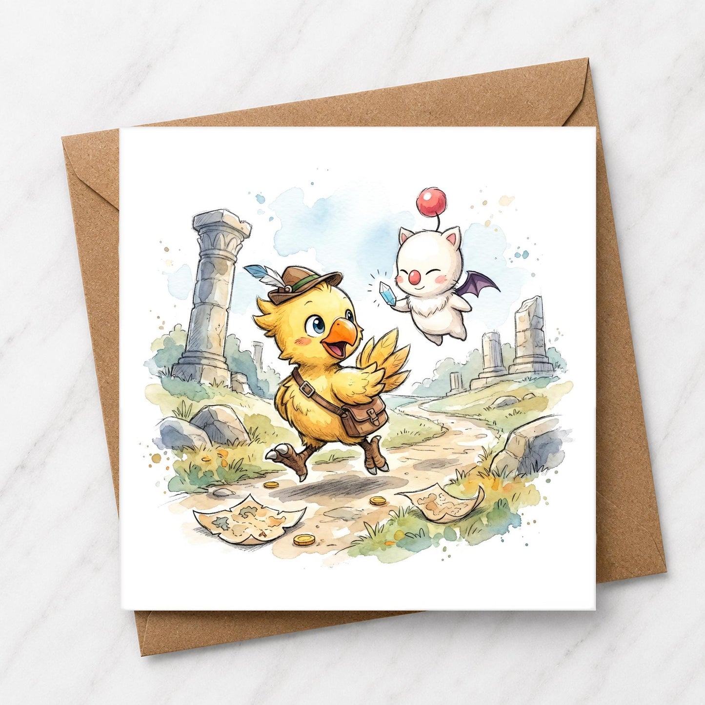 Fantasy Chocobo Moogle Greeting Card, Watercolour RPG Explorer Illustration