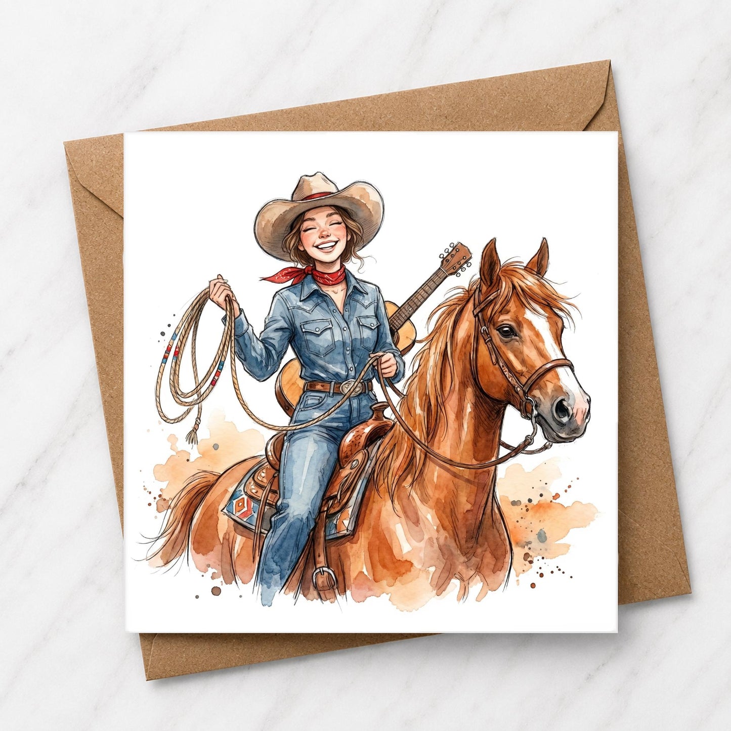 Cowgirl Horse Watercolour Card, Western Country Music Art, Blank Greeting Card