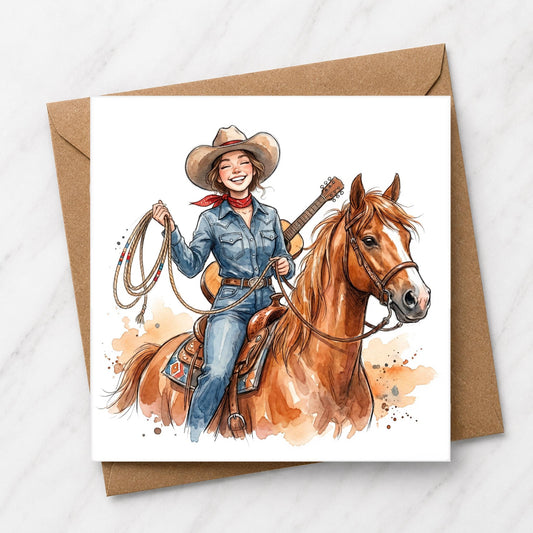 Cowgirl & Horse Greeting Card | Western Watercolour Illustration