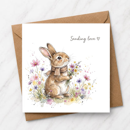 Sending Love Bunny Card, Watercolour Illustration, Woodland Animal, Wildflower Bouquet