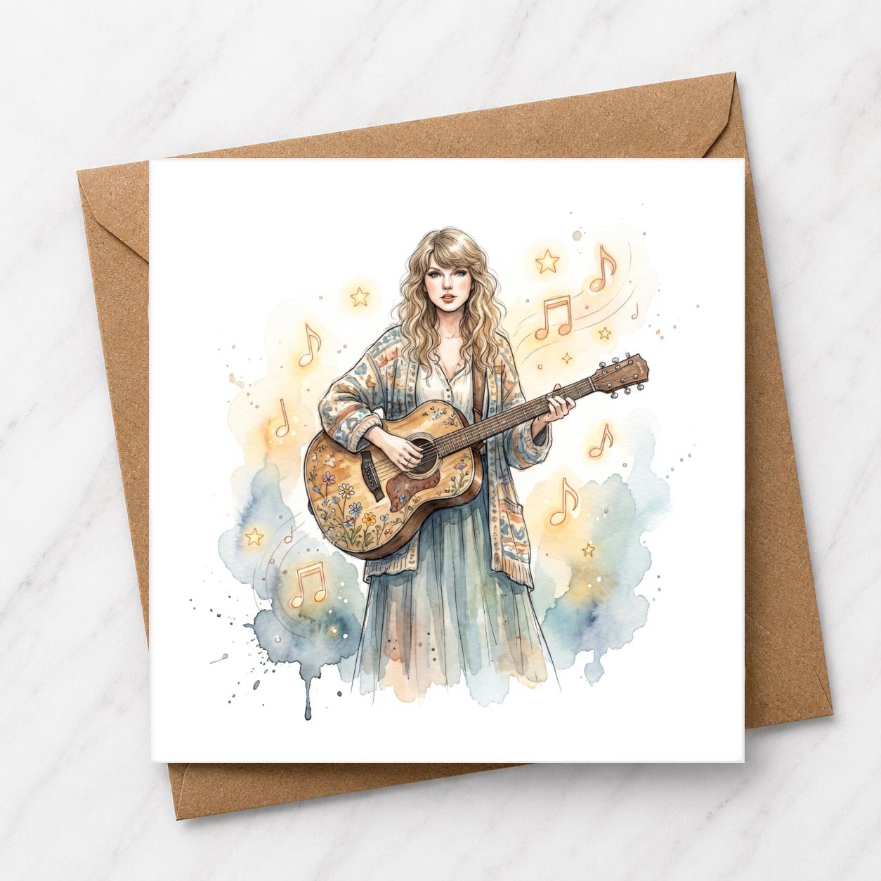 Watercolour Guitar Illustration Card, Folk Music Birthday, Swiftie Fan Art, Blank Inside