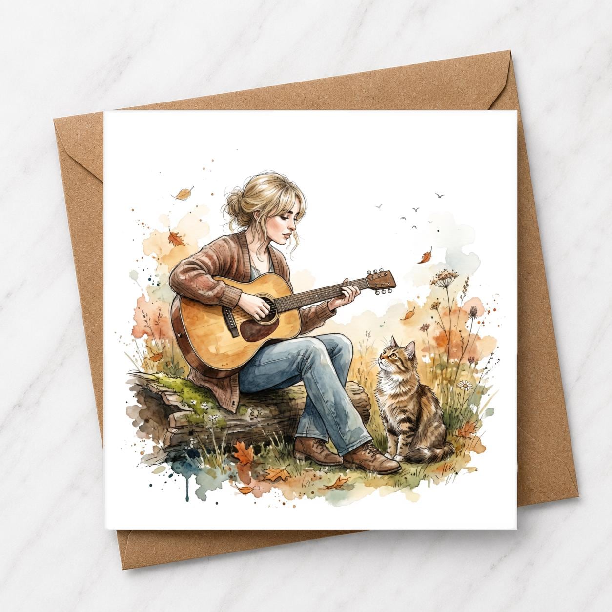 Folk Music Greeting Card, Watercolour Singer Guitar Illustration, Autumn Cat Lover Artwork