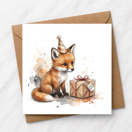 Fox Gift Box Birthday Card | Woodland Watercolour Illustration