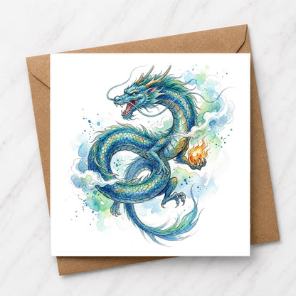 Blue Dragon Watercolour Card, Fantasy Mythical Creature Illustration, Dragon Lover Gift