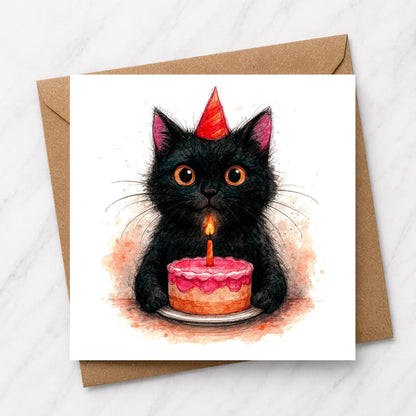 Black Cat Birthday Card – Watercolour Pencil Sketch Illustration (6 x 6 Inch)