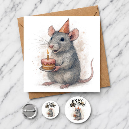 Watercolor Rat Birthday Card, Wildlife Illustration, Rodent Lover Art