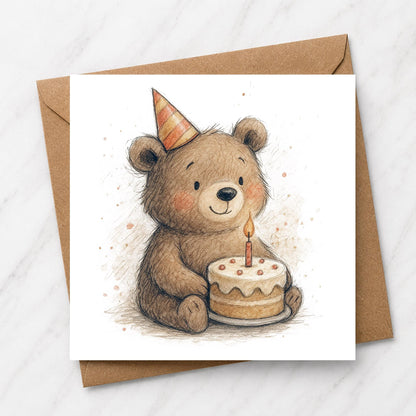 Bear Birthday Card, Watercolour Illustration, Party Hat Bear, Animal Lover Greeting