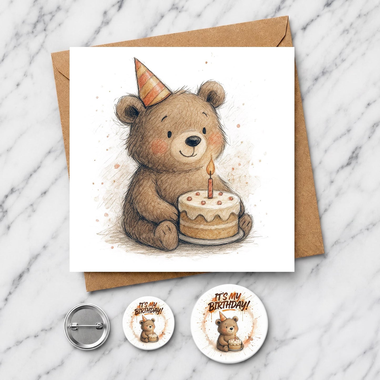 Bear Birthday Card, Watercolour Illustration, Party Hat Bear, Animal Lover Greeting