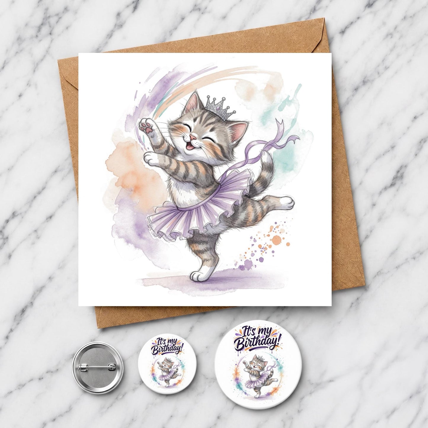 Dancing Kitten Ballerina Card, Watercolour Illustration, Cat Lover Greeting