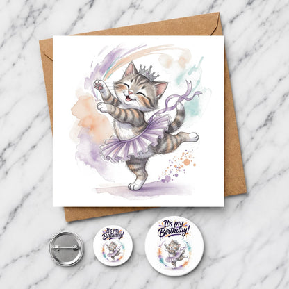 Dancing Kitten Ballerina Card, Watercolour Illustration, Cat Lover Greeting