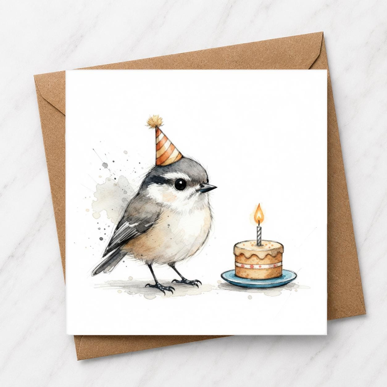 Tiny Bird Birthday Card, Watercolour Illustration, Party Hat Bird, Animal Lover Greeting