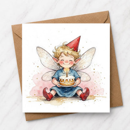 Fairy Birthday Card, Watercolour Illustration, Fantasy Cake Lover Greeting