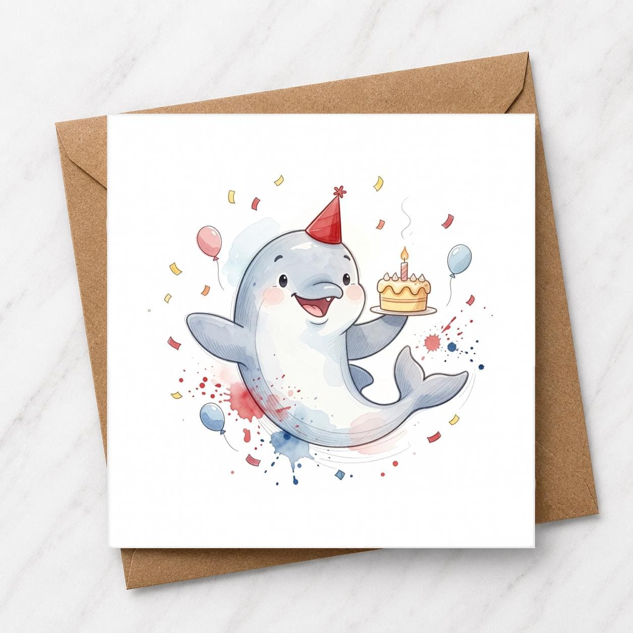 Dolphin Birthday Card, Watercolour Illustration, Party Hat Dolphin, Animal Lover Gift