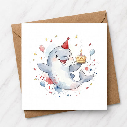 Dolphin Birthday Card, Watercolour Illustration, Party Hat Dolphin, Animal Lover Gift
