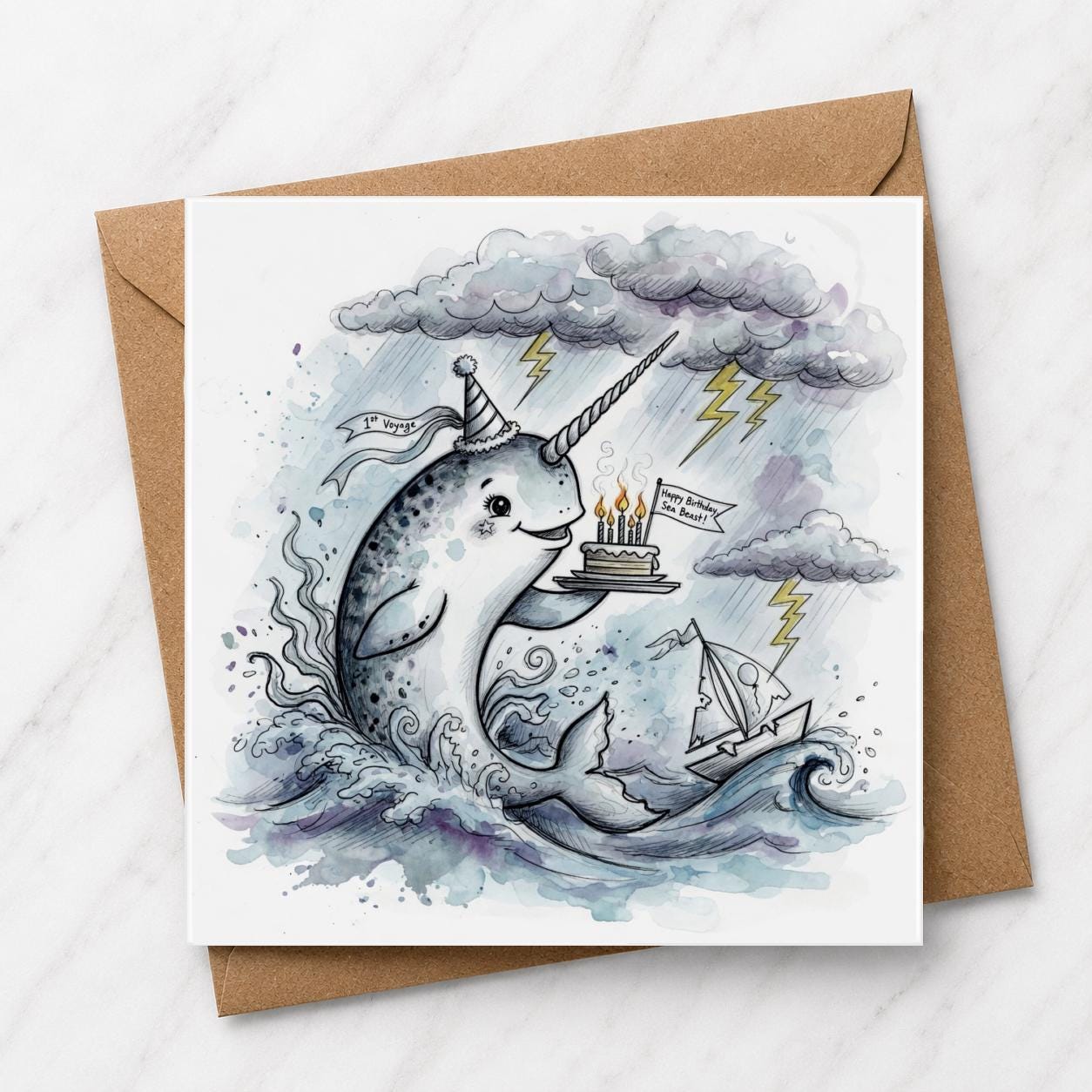 Narwhal Birthday Card, Watercolour Illustration, Sea Creature Cake Greeting Card