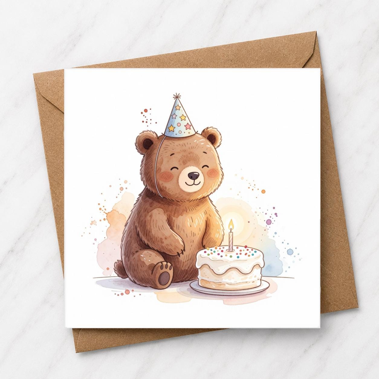 Bear Birthday Card, Watercolour Illustration, Party Hat Bear, Animal Lover Greeting