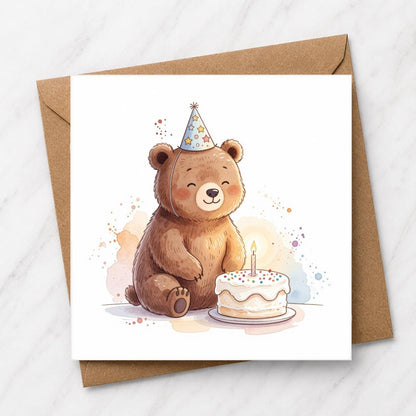 Bear Birthday Card, Watercolour Illustration, Party Hat Bear, Animal Lover Greeting