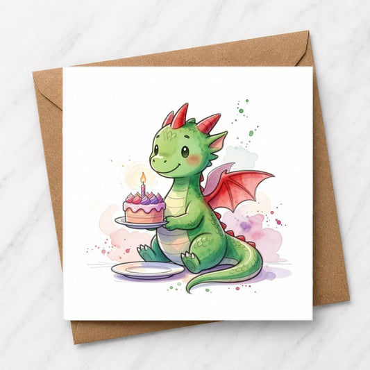 Dragon Cake Birthday Card | Fantasy Watercolour Illustration