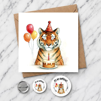 Watercolor Tiger Birthday Card, Party Hat Animal Illustration, Jungle Wildlife Greeting