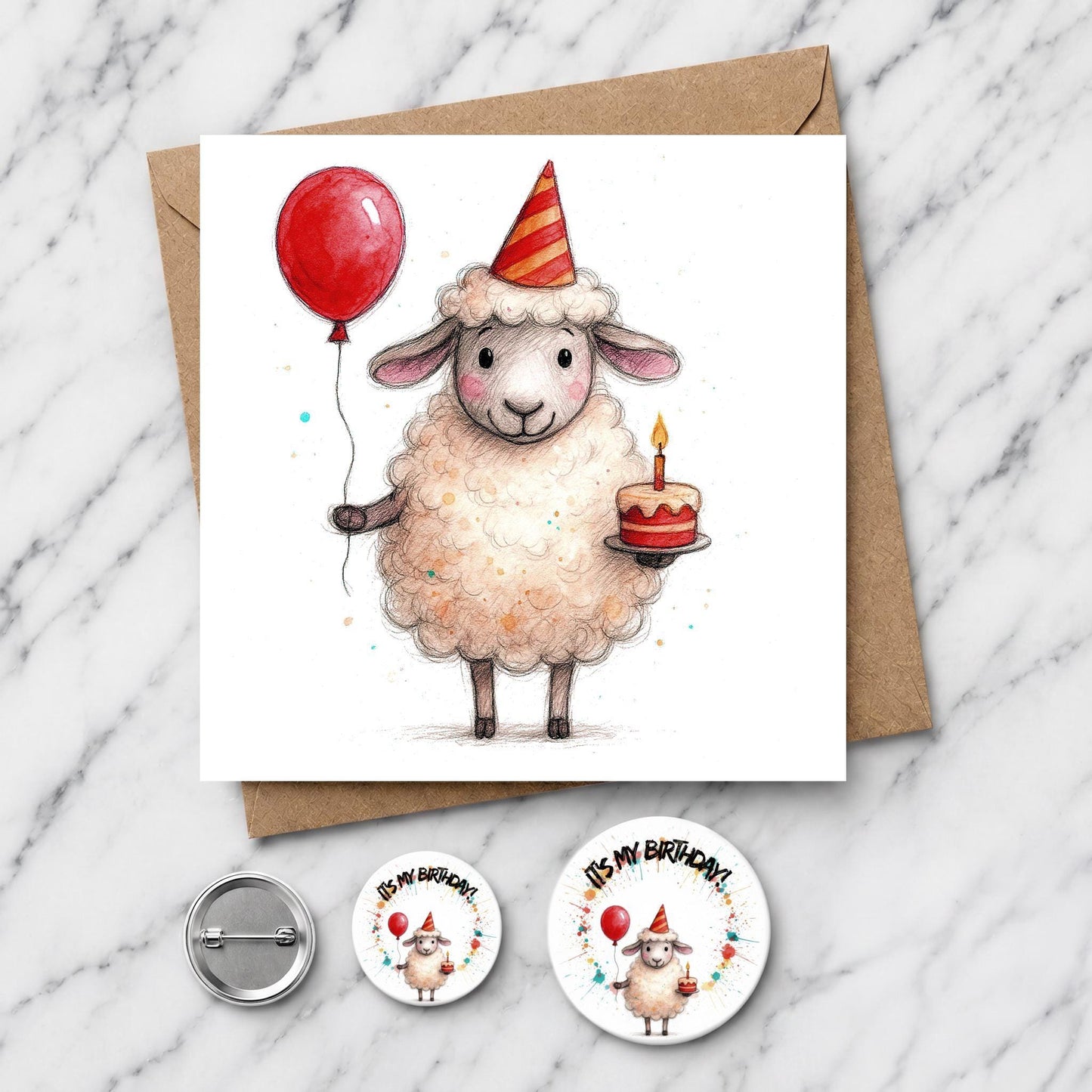 Watercolour Sheep Birthday Card, Farm Animal Illustration, Optional Badge