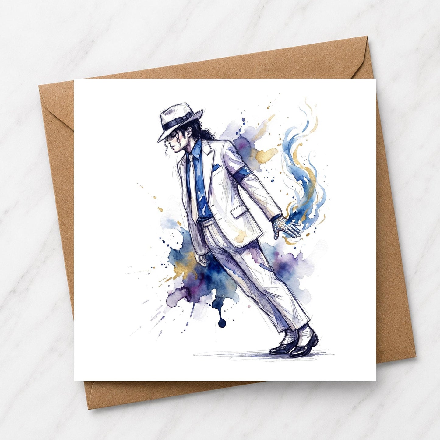80s Pop King Watercolor Greeting Card, Smooth Lean Illustration, White Suit Music Fan Gift