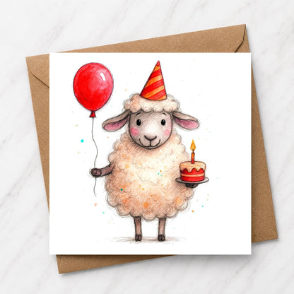 Watercolour Sheep Birthday Card, Farm Animal Illustration, Optional Badge