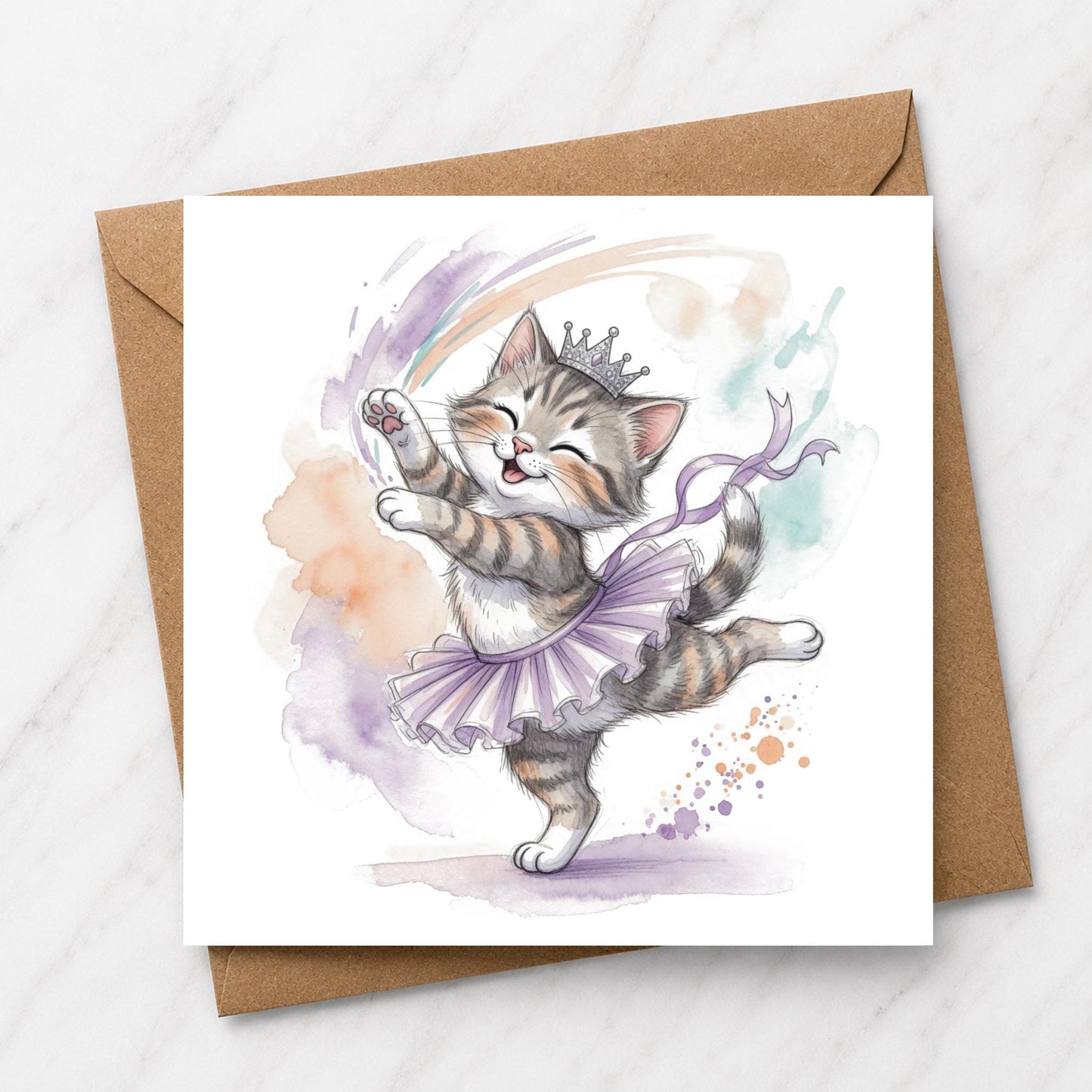 Dancing Kitten Ballerina Card, Watercolour Illustration, Cat Lover Greeting
