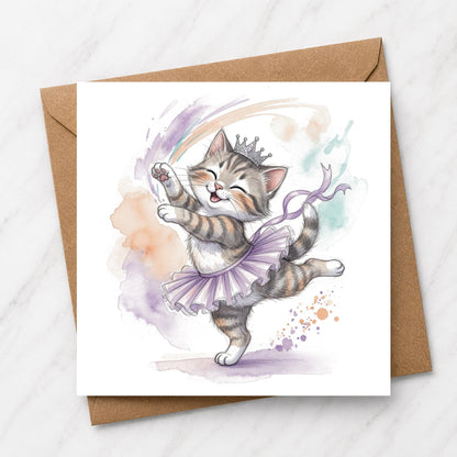 Dancing Kitten Ballerina Card, Watercolour Illustration, Cat Lover Greeting