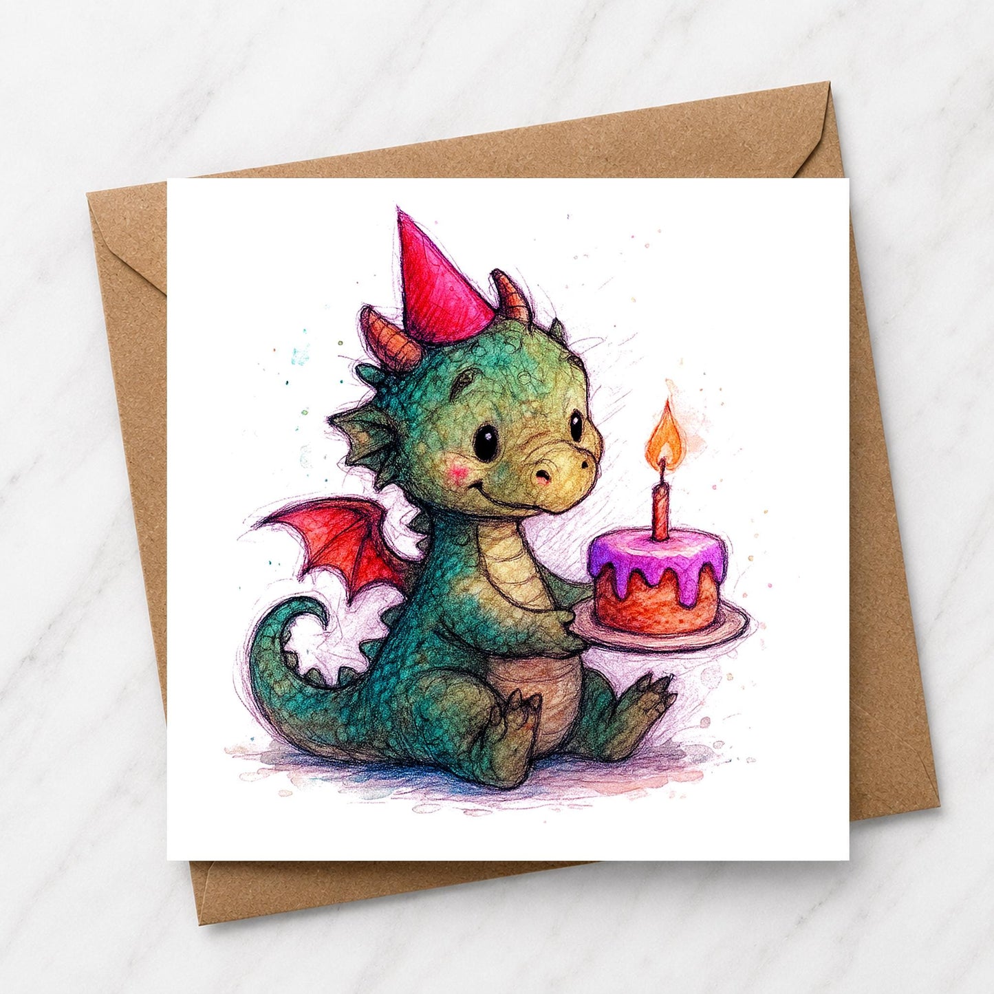 Dragon Birthday Card, Watercolour Fantasy Creature Illustration, Mythical Beast Greeting