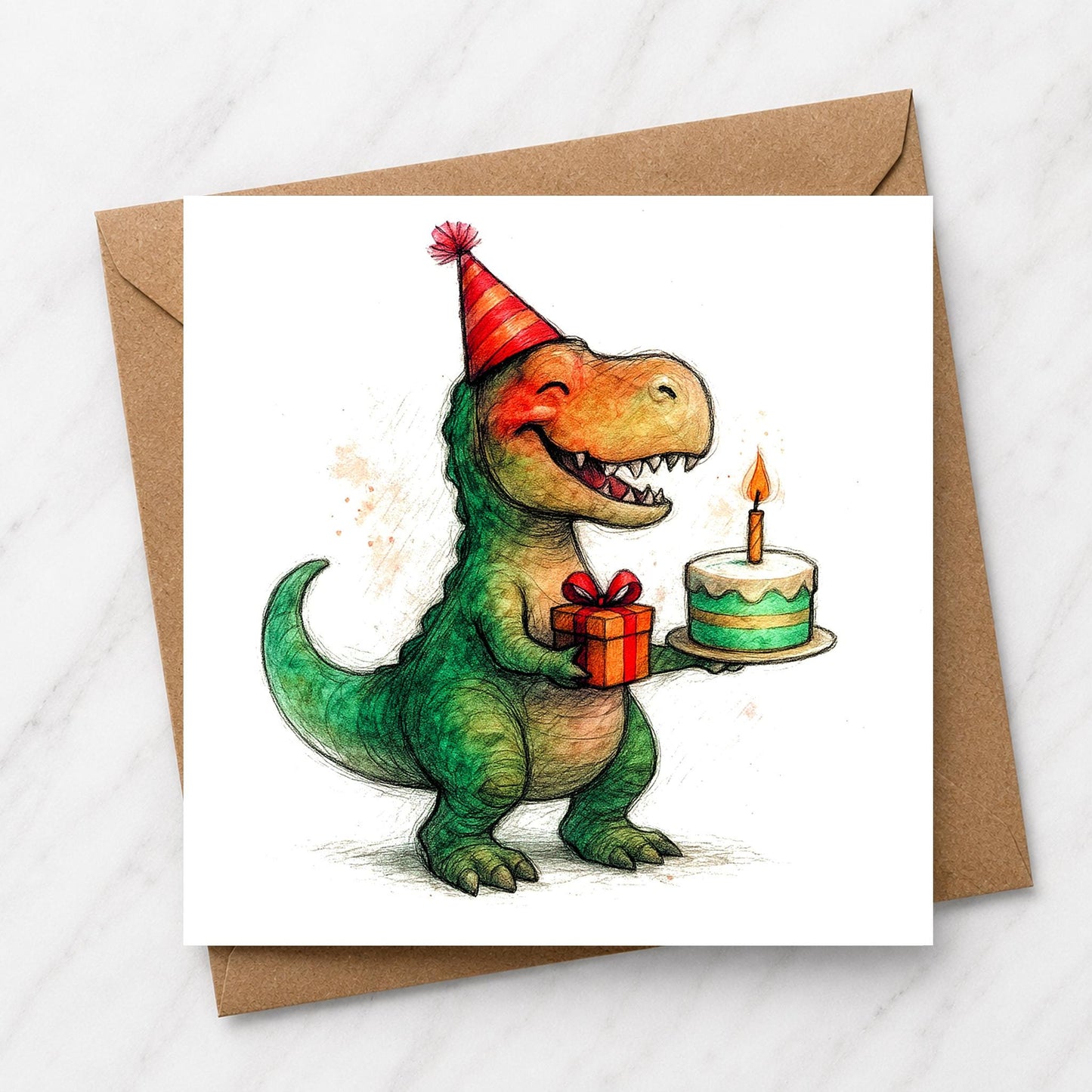 T-Rex Dinosaur Birthday Card | Watercolour Illustration
