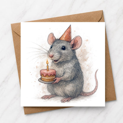 Watercolor Rat Birthday Card, Wildlife Illustration, Rodent Lover Art