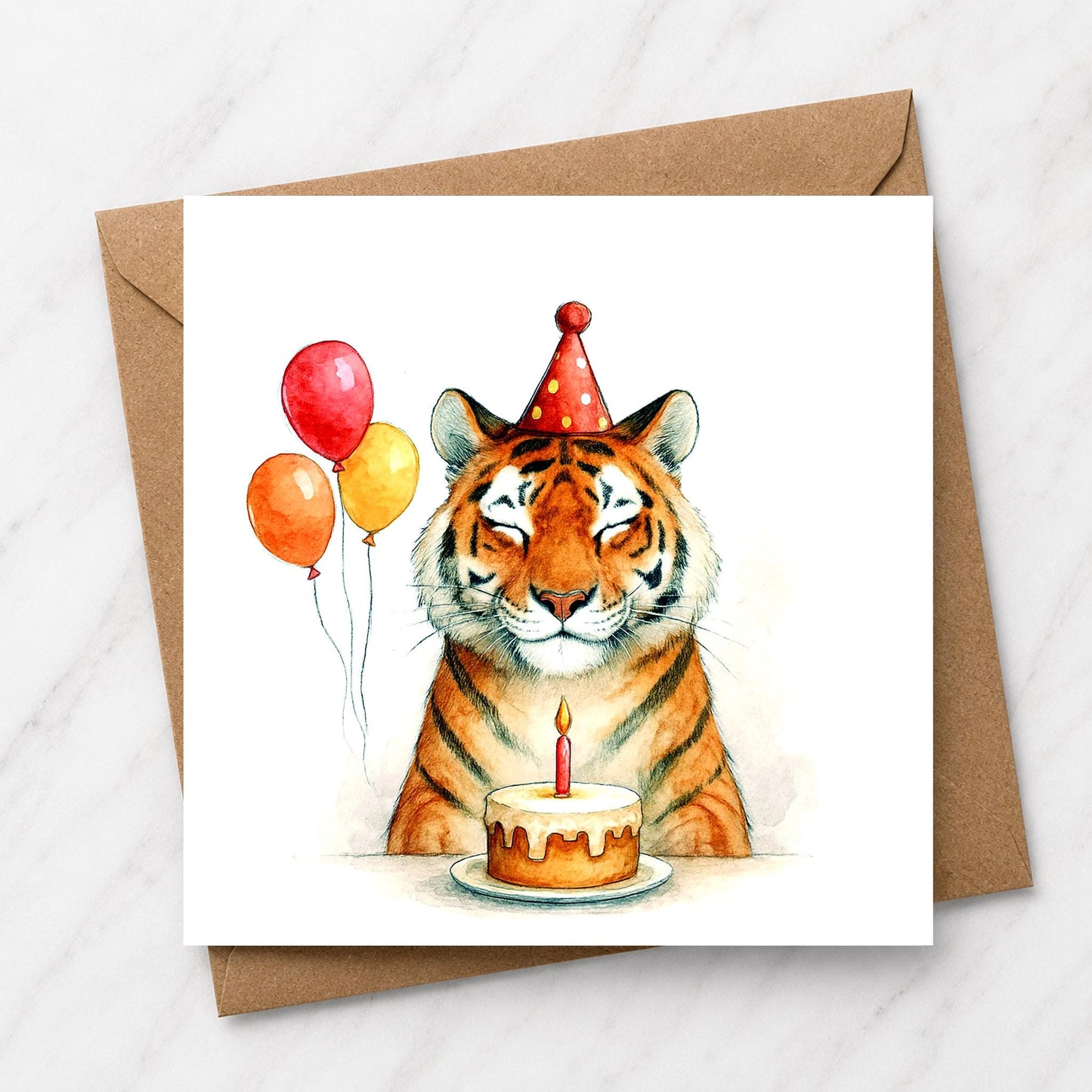 Watercolor Tiger Birthday Card, Party Hat Animal Illustration, Jungle Wildlife Greeting