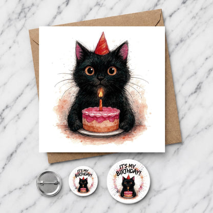 Black Cat Birthday Card – Watercolour Pencil Sketch Illustration (6 x 6 Inch)