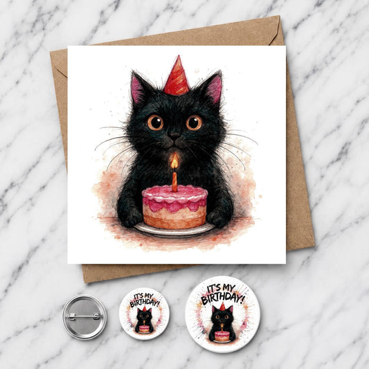 Black Cat Birthday Card | Watercolour Illustration
