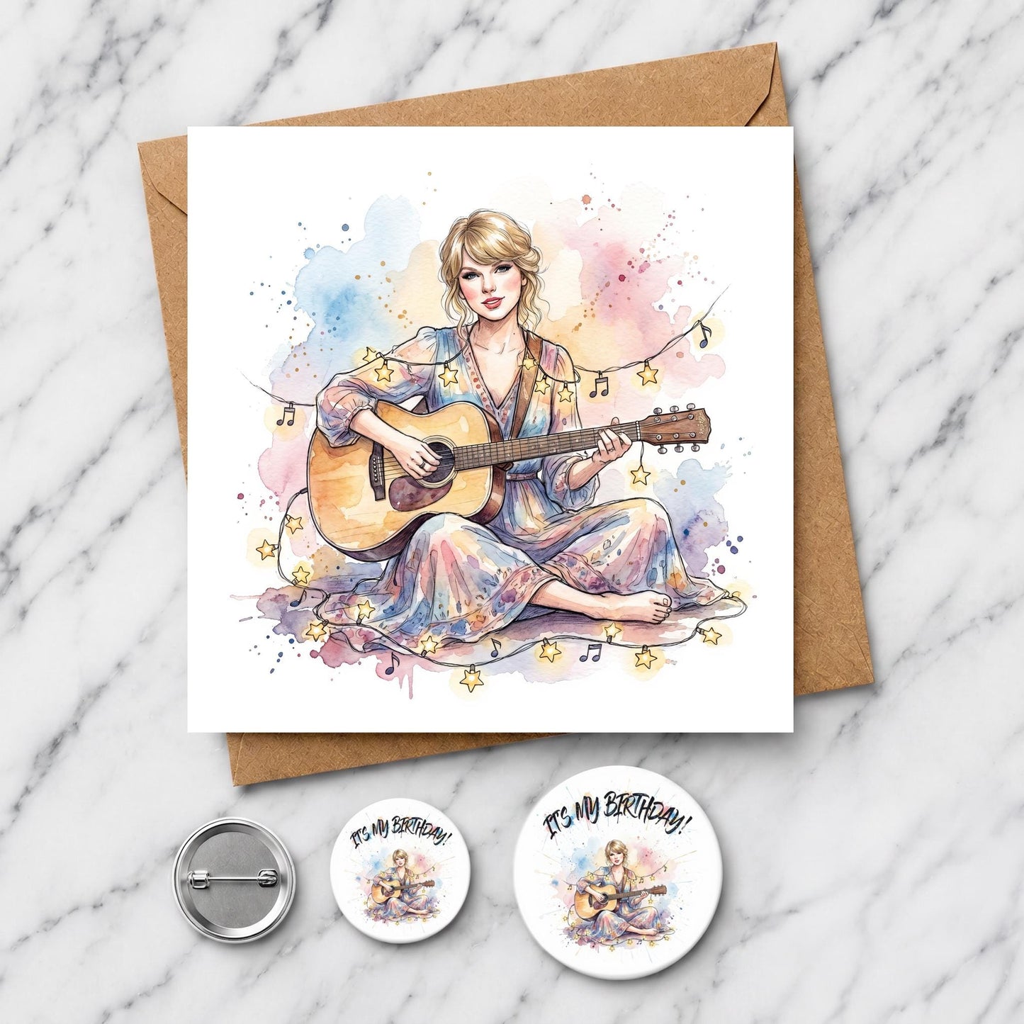 Folk Music Inspired Guitar Greeting Card, Watercolour Singer Artwork, Blank Birthday Card