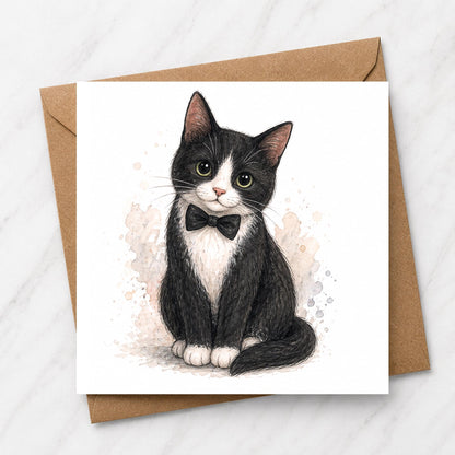Tuxedo Cat Birthday Card, Cute Cat Greeting Card, Watercolour Cat Card, Cat Lover Gift, Blank Inside, 6x6 Inch Card