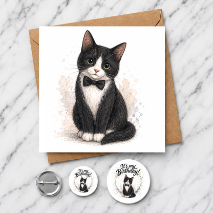 Tuxedo Cat Birthday Card, Cute Cat Greeting Card, Watercolour Cat Card, Cat Lover Gift, Blank Inside, 6x6 Inch Card